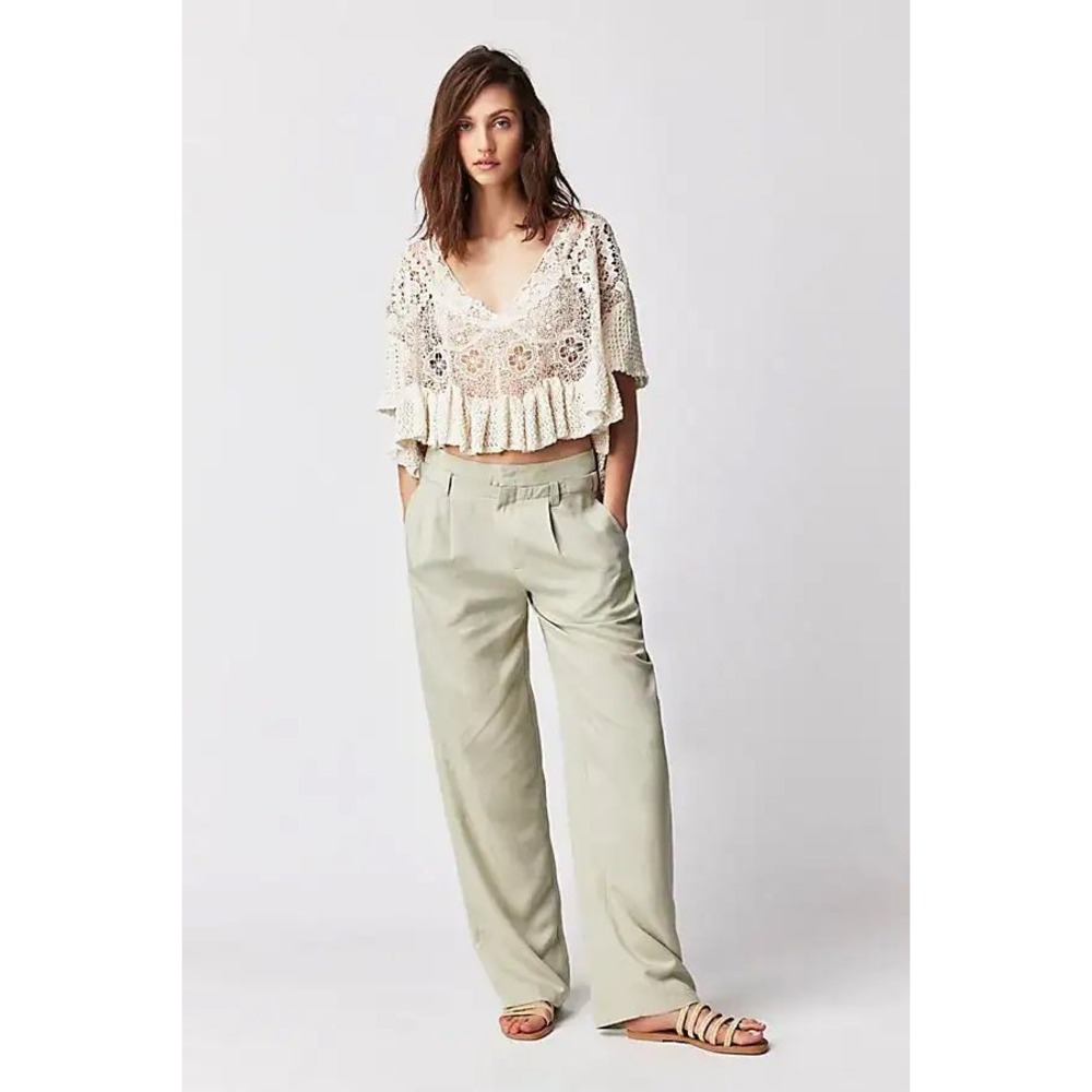 Free People Falling Out Trousers Womens 6 Sage Green Pleated Side Buckle